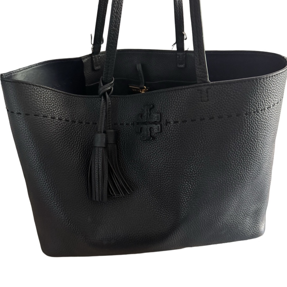 Tory Burch Black Pebbled Leather Tote with Tassel Accent
